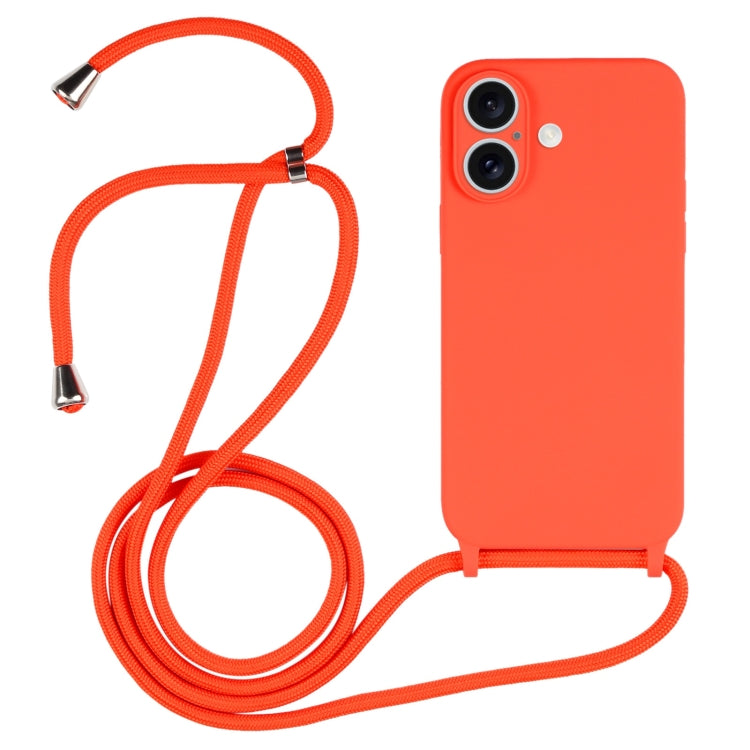 An orange silicone case for iPhone 16 with a matching orange lanyard. The case has two lanyard holes attached at the low end.